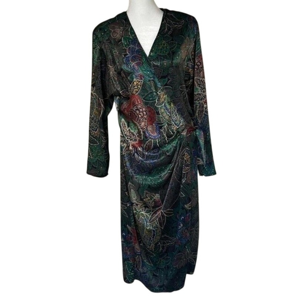 VTG Virgo II Wrap Dress Womens 10 Green Paisley Floral 80s Boho‎ Dark Academia
